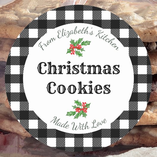 Aangepaste kerstkoekjeslabels wit buffelruitpatroo ronde sticker