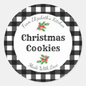 Aangepaste kerstkoekjeslabels wit buffelruitpatroo ronde sticker (Voorkant)