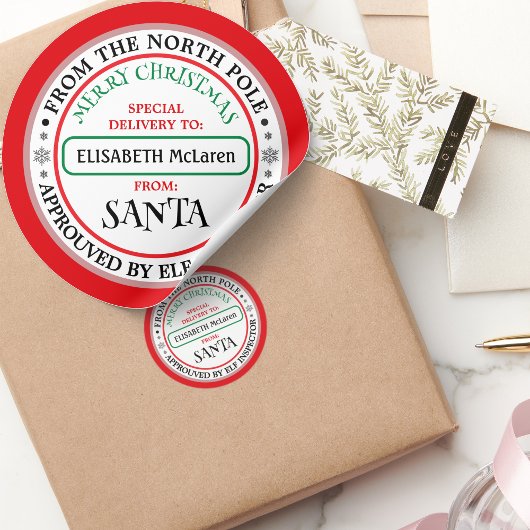 Aangepaste Kerstman Naam Sticker — Noordpool Werkt