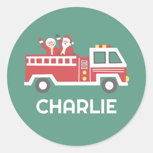 Aangepaste Kerstman op een Kerstmis Firetruck Ronde Sticker (Voorkant)