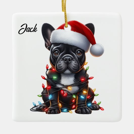 Aangepaste Kerstmis Franse Bulldog met Santa Hat Keramisch Ornament (Voorkant)