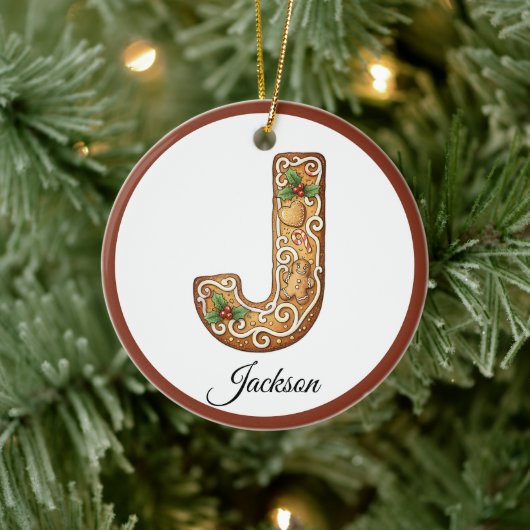 Aangepaste Kerstmis Gingerbread Letter J Monogram Keramisch Ornament (Boom)