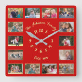 Aangepaste Kerstmis Rood Goud 14 Foto Collage Vierkante Klok (Voorkant)