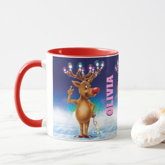 Aangepaste kerstmok, Rudolph en licht. Mok (Met donut)