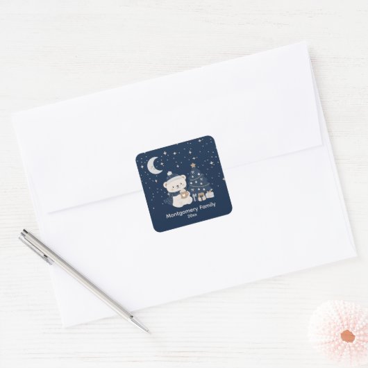 Aangepaste Kerstnacht in het Midden | Marineblauw, Vierkante Sticker (Envelop)