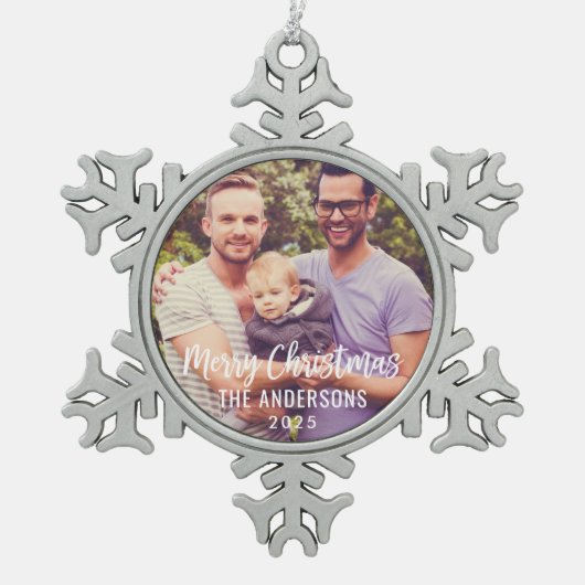 Aangepaste kersttijdfoto Modern Merry-kerstscript Tin Sneeuwvlok Ornament (Voorkant)