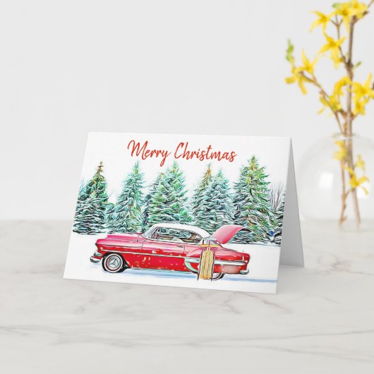 Aangepaste kersttintage-wagen en cadeautjes kaart (Gele Bloem)