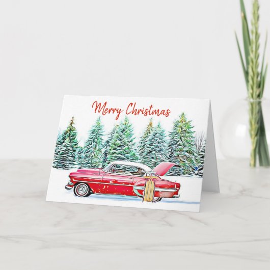 Aangepaste kersttintage-wagen en cadeautjes kaart (Voorkant)