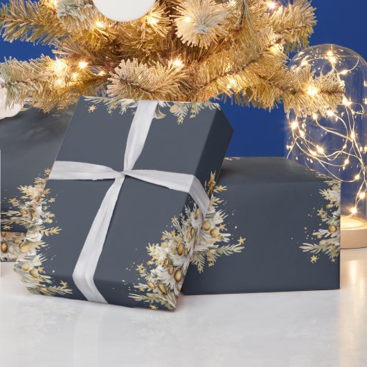 Aangepaste Kerstvakantie Blauw Gouden Boom Gift Cadeaupapier (Feestdagen)