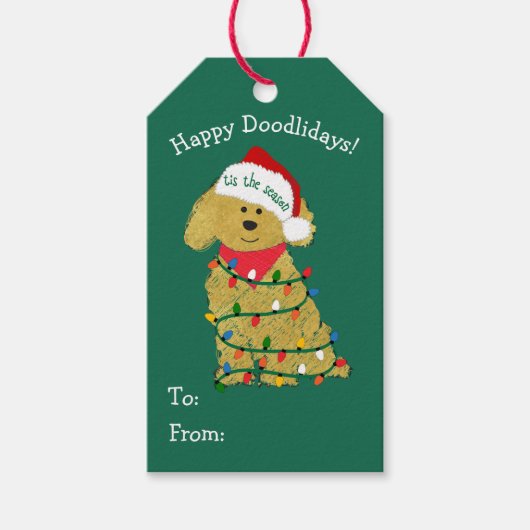 Aangepaste kerstverlichting Goldendoodle Cadeaulabel (Voorkant)