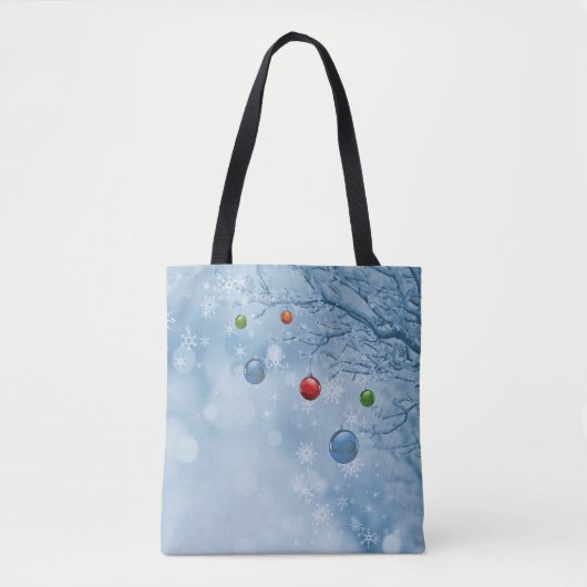 Aangepaste kerstversieringen op Tree w Sneeuwvlokk Tote Bag (Voorkant)