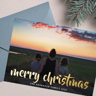 Aangepaste kerstwens Kerstmis familiefoto in goud Folie Feestdagenkaart