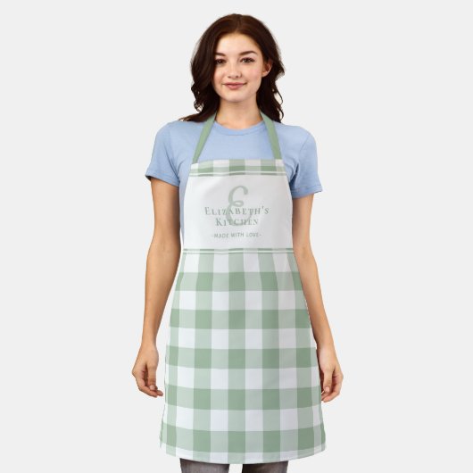Aangepaste keuken Monogram Naam Gingham Check Groe Schort (Gedragen)