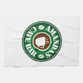 Aangepaste keukenhanddoek met logo in een koffiesh (Horizontaal)