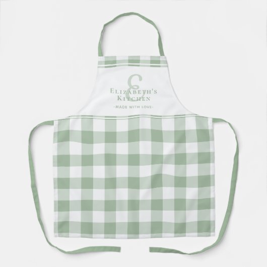 Aangepaste keukenmonogramnaam Gingham Check Groen Schort (Voorkant)
