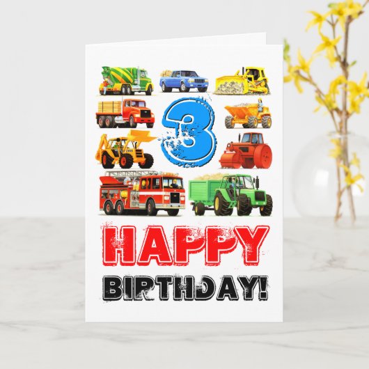 Aangepaste Kinder 3e verjaardag bouwtruck Kaart (Gele Bloem)