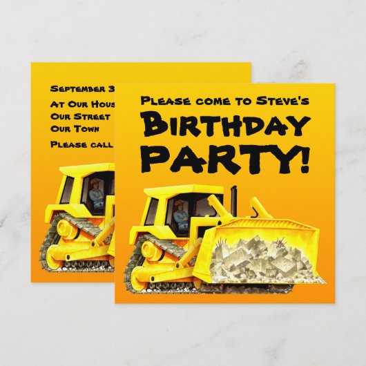 Aangepaste Kinder bouwBulldozer Party Kaart (Voorkant / Achterkant)