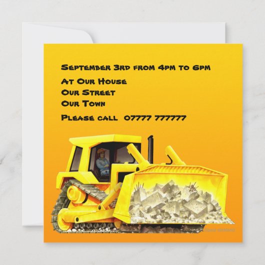 Aangepaste Kinder bouwBulldozer Party Kaart (Achterkant)