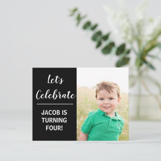 Aangepaste Kinder Foto Verjaardagsfeest Zwart Mini Uitnodiging Briefkaart (Staand voorkant)