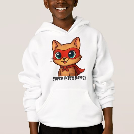 Aangepaste Kinder Hoodie – Superhero Cat met Perso (Voorkant)