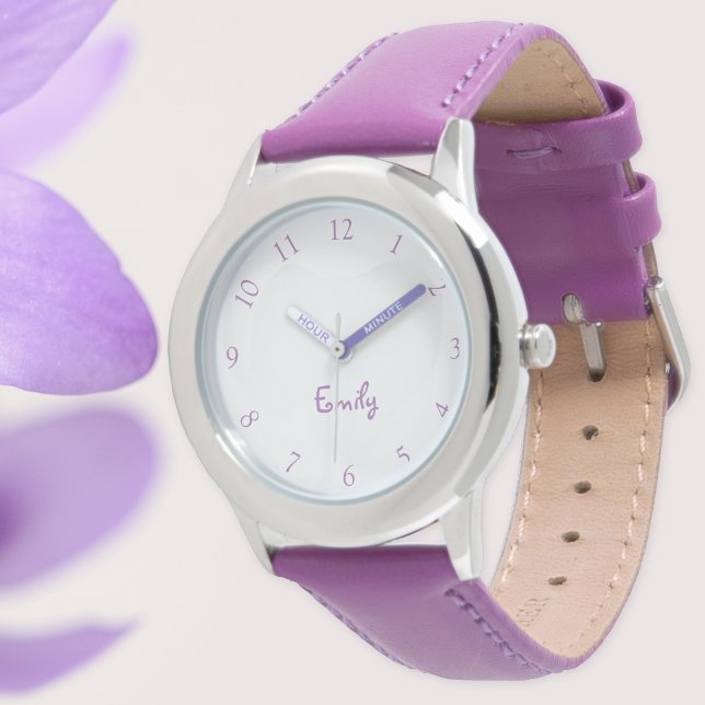 Aangepaste Kinder naam Steel Paarse Leather Girls  Horloge (Custom Kids Name Steel Purple Leather Girls Watch)