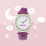 Aangepaste Kinder naam Steel Paarse Leather Girls  Horloge<br><div class="desc">Custom,  Kinder,  Naam,  paarse leren meisjes horloge. Personaliseer het met de naam van uw kind.</div>