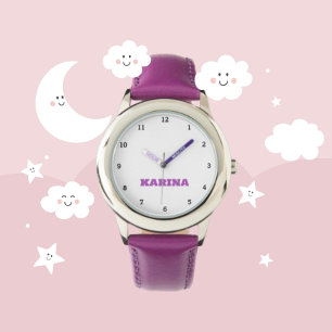 Aangepaste Kinder naam Steel Paarse Leather Girls Horloge
