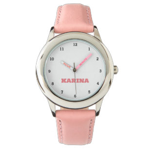 Aangepaste Kinder naam Steel Pink Leather Girls Wa Horloge