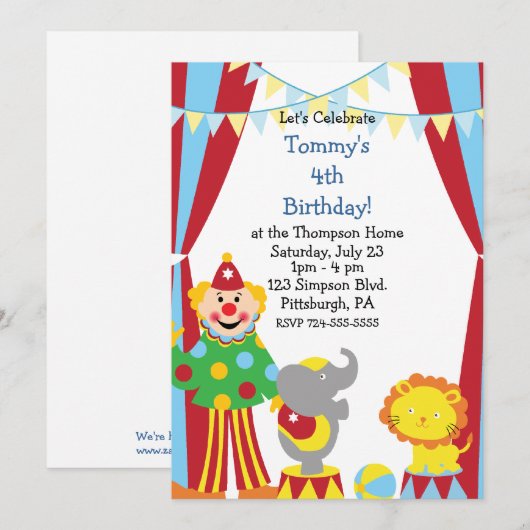Aangepaste kindercircus Birthday Party Kaart (Voorkant / Achterkant)