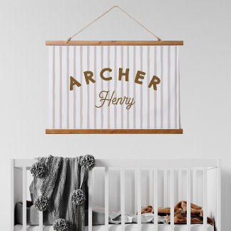 Aangepaste kindernaam banner bruin gestreept kinde hangend wandkleed