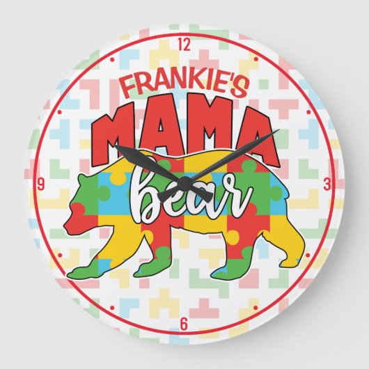 Aangepaste kindernaam Mama Beer Autism Awareness M Grote Klok (Voorkant)
