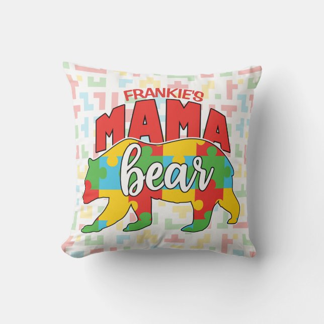 Aangepaste kindernaam Mama Beer Autism Awareness M Kussen (Voorkant)