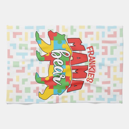 Aangepaste kindernaam Mama Beer Autism Awareness M Theedoek (Horizontaal)