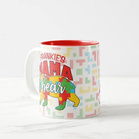 Aangepaste kindernaam Mama Beer Autism Awareness M Tweekleurige Koffiemok (Voorkant links)
