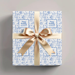 Aangepaste kinderverjaardag cadeauverpakking blauw cadeaupapier