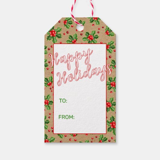 Aangepaste klassieke feestdag Groene Holly Red Ber Cadeaulabel (Voorkant)