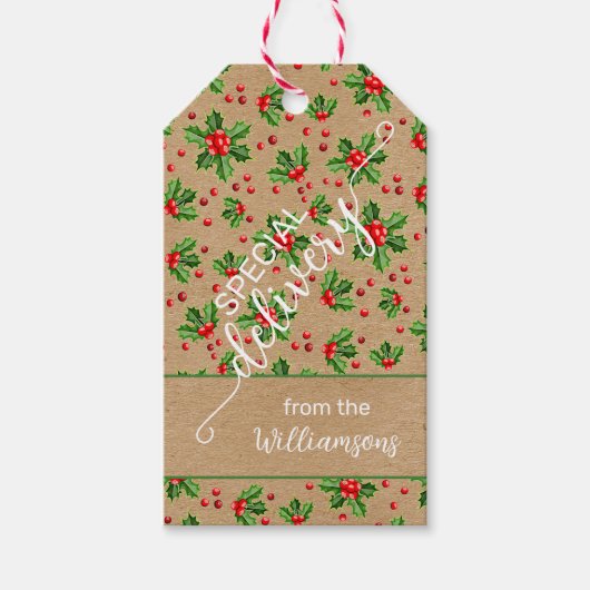 Aangepaste klassieke feestdag Groene Holly Red Ber Cadeaulabel (Voorkant)