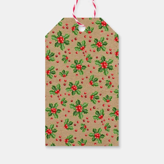 Aangepaste klassieke feestdag Groene Holly Red Ber Cadeaulabel (Achterkant)