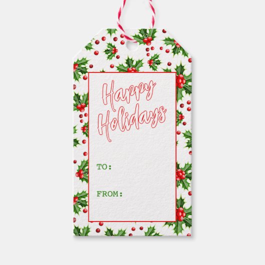 Aangepaste klassieke feestdag Groene Holly Red Ber Cadeaulabel (Voorkant)