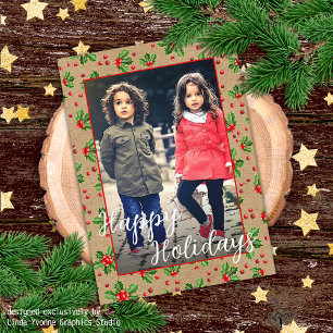 Aangepaste klassieke feestdag Groene Holly Red Ber Kaart