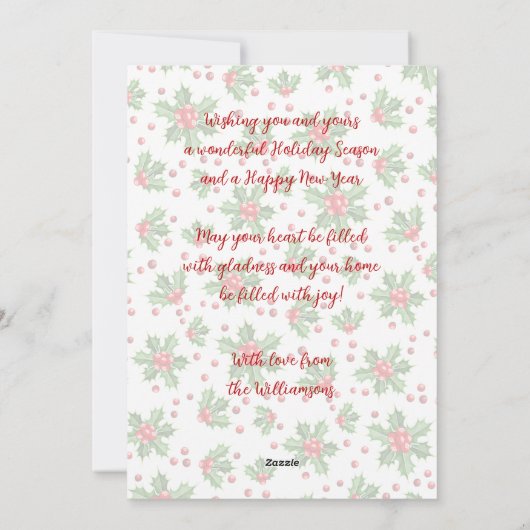 Aangepaste klassieke groene Holly rode bessen Feestdagenkaart (Achterkant)