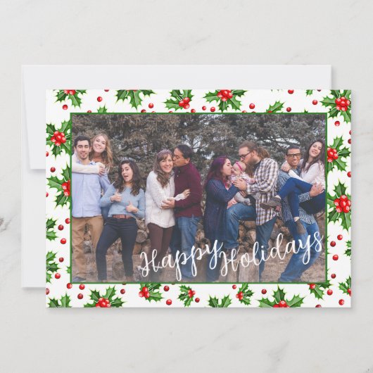 Aangepaste klassieke groene Holly rode bessen Feestdagenkaart (Voorkant)