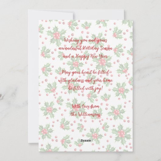 Aangepaste klassieke groene Holly rode bessen Feestdagenkaart (Achterkant)