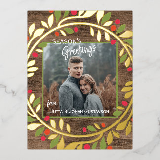 Aangepaste klassieke groene hulst rode bessen blad folie feestdagen briefkaart