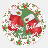 Aangepaste Klassieke Kerst Groen Stekelblad Rode B Ronde Sticker (Voorkant)