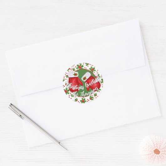 Aangepaste Klassieke Kerst Groen Stekelblad Rode B Ronde Sticker (Envelop)