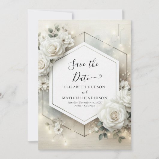 Aangepaste klassieke witte rozen bruiloft save the date (Voorkant)