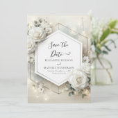 Aangepaste klassieke witte rozen bruiloft save the date (Staand voorkant)