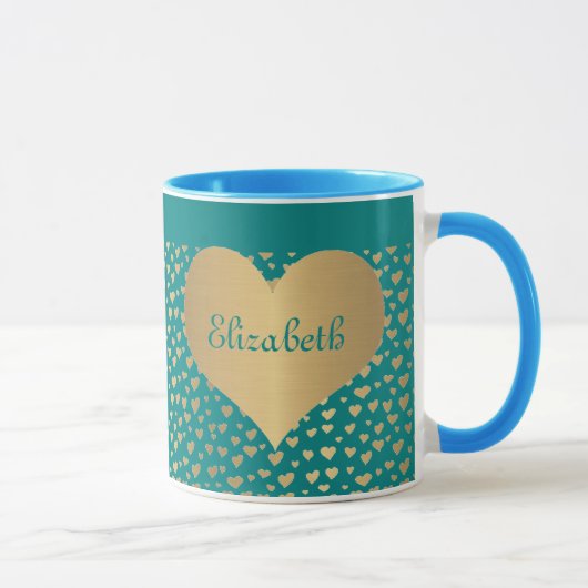 Aangepaste kleine Gold-harten op Blauwgroen achter Mok (Rechts)