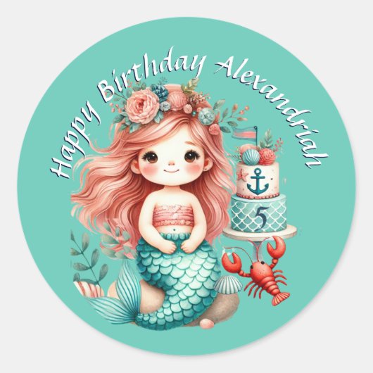 Aangepaste kleine meisjes zeemeermin verjaardagsfe ronde sticker (Voorkant)